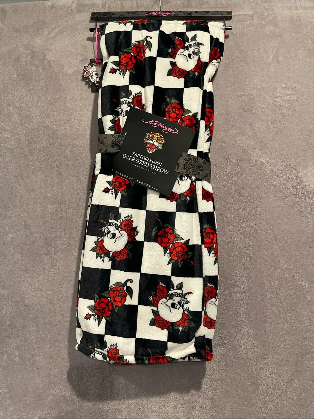 Ed Hardy Black, White & Red Rose Skull Printed Plush Oversized Throw 60”x70”